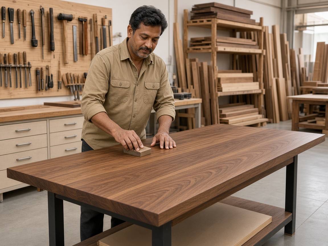 A woodworker shaping a piece in the workshop
